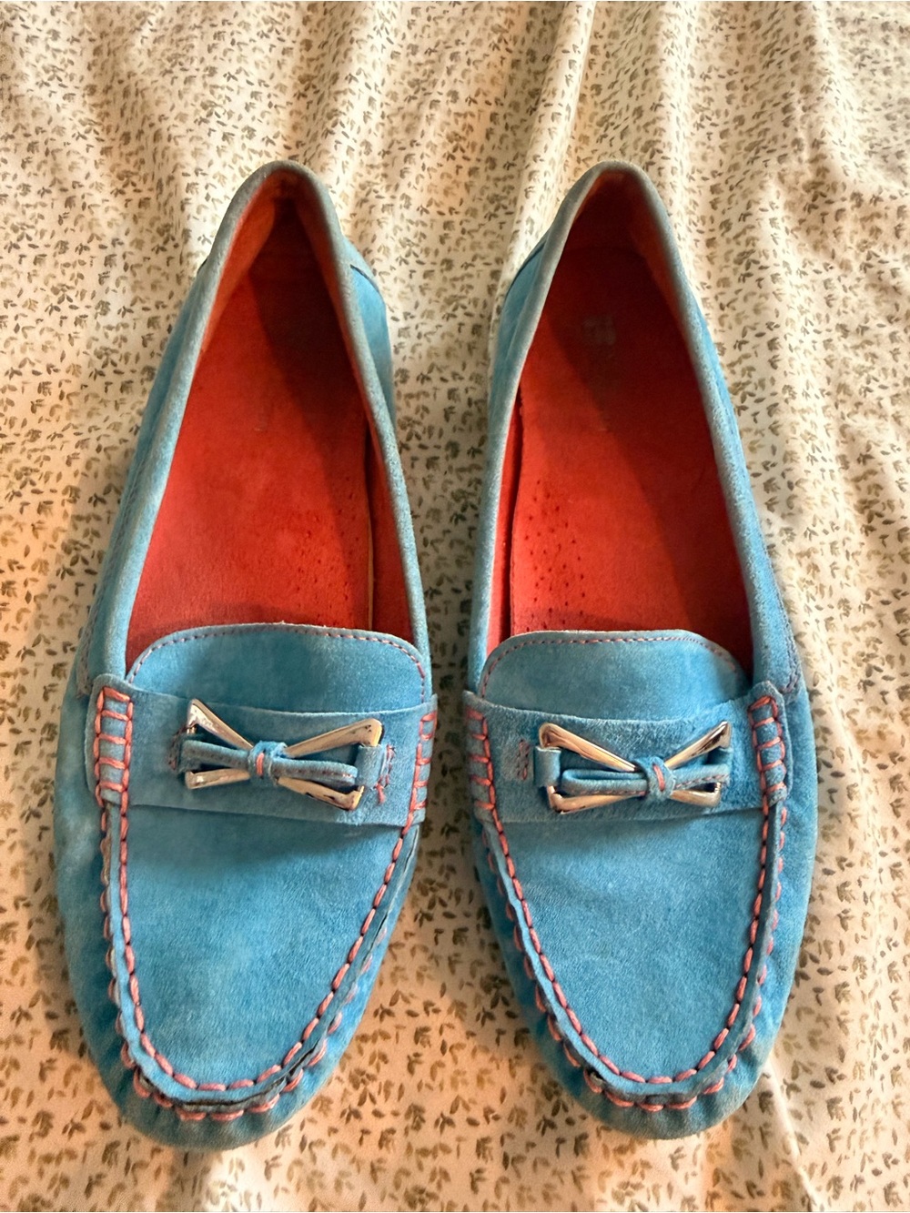 White Mountain Turquoise Suede Loafers with Coral Lining